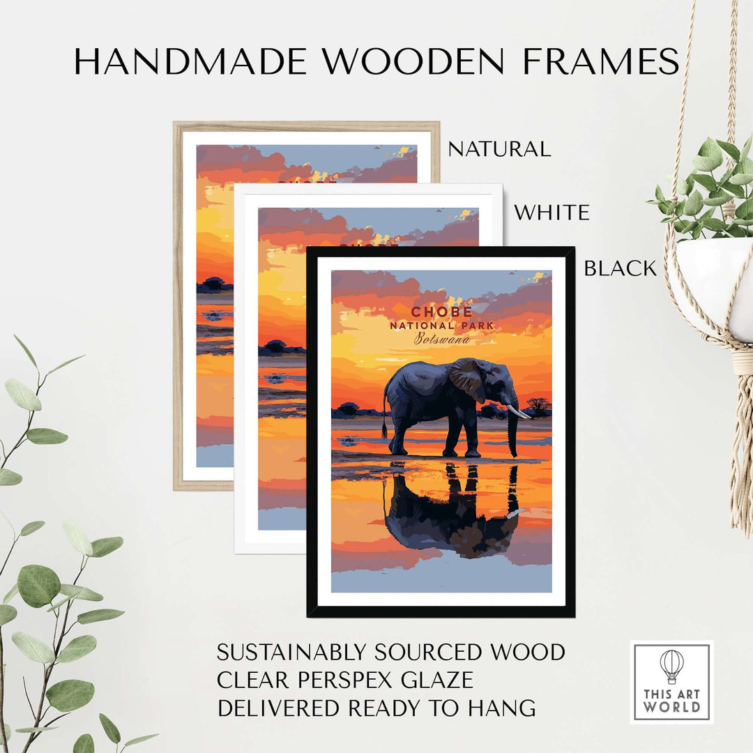 Handmade wooden frames in natural, white, and black showcasing Chobe elephant art print, sustainably sourced wood.