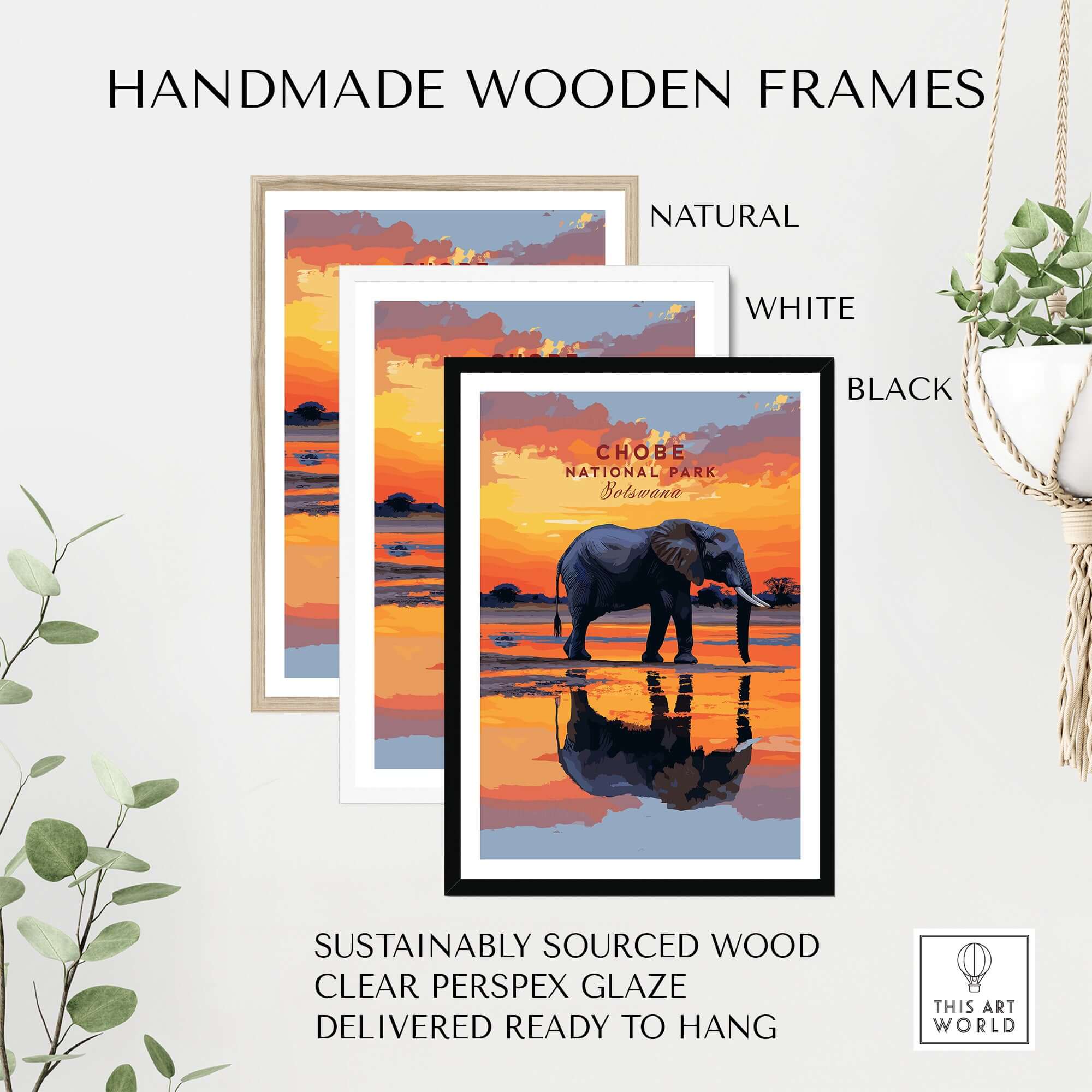 Chobe Elephant Digital Art Print - Botswana Wildlife Illustration Poster in handmade wooden frames, sustainable and ready to hang.