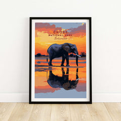 Chobe Elephant Digital Art Print - Botswana Wildlife Illustration Poster showcasing an elephant by water at sunset.