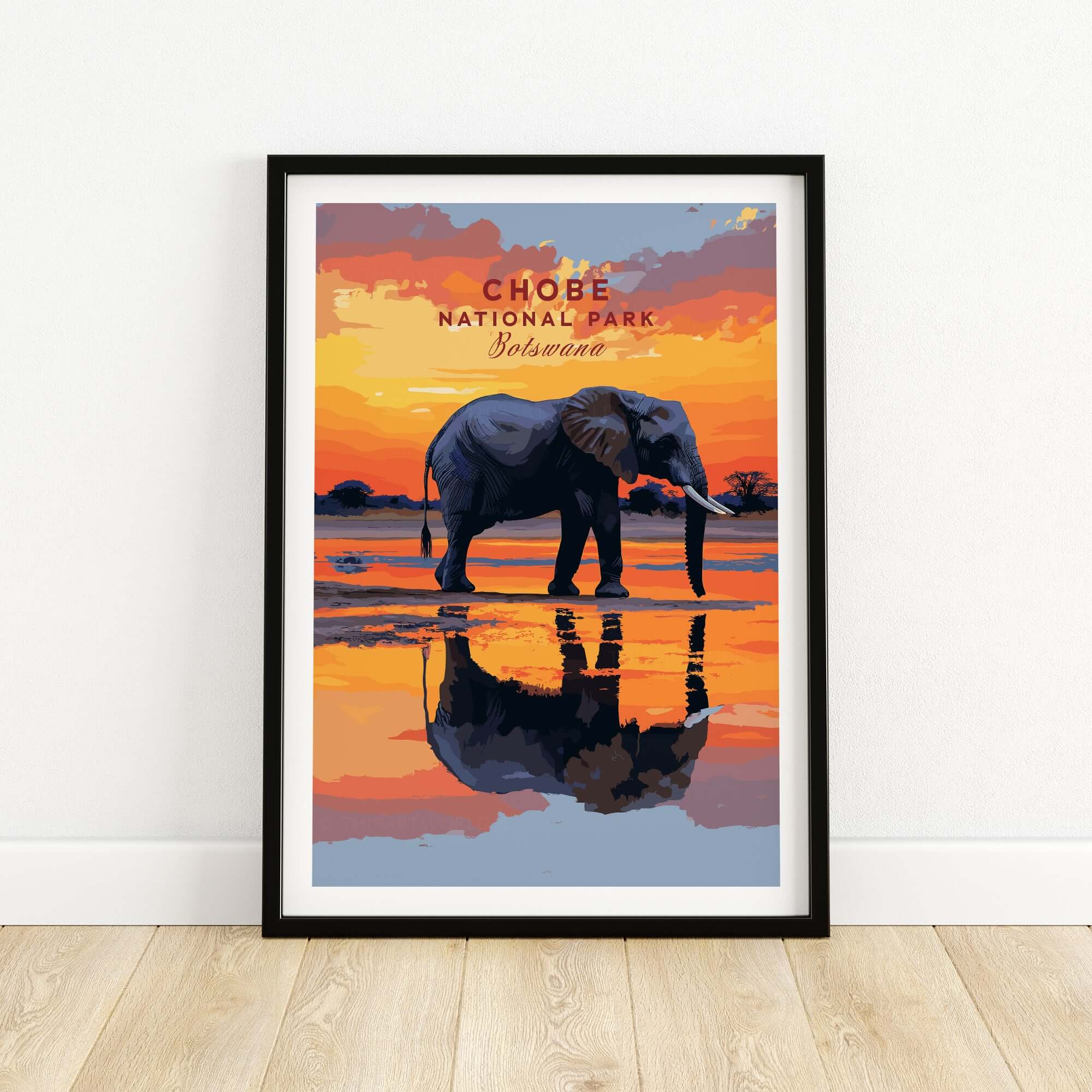 Chobe Elephant Digital Art Print - Botswana Wildlife Illustration Poster showcasing an elephant by water at sunset.