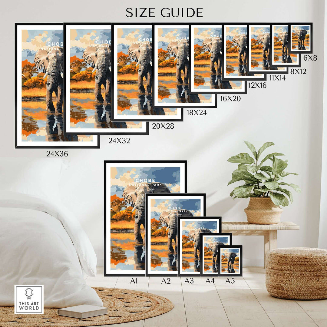 Size guide for Chobe National Park elephant poster showcasing various print sizes and home display ideas.