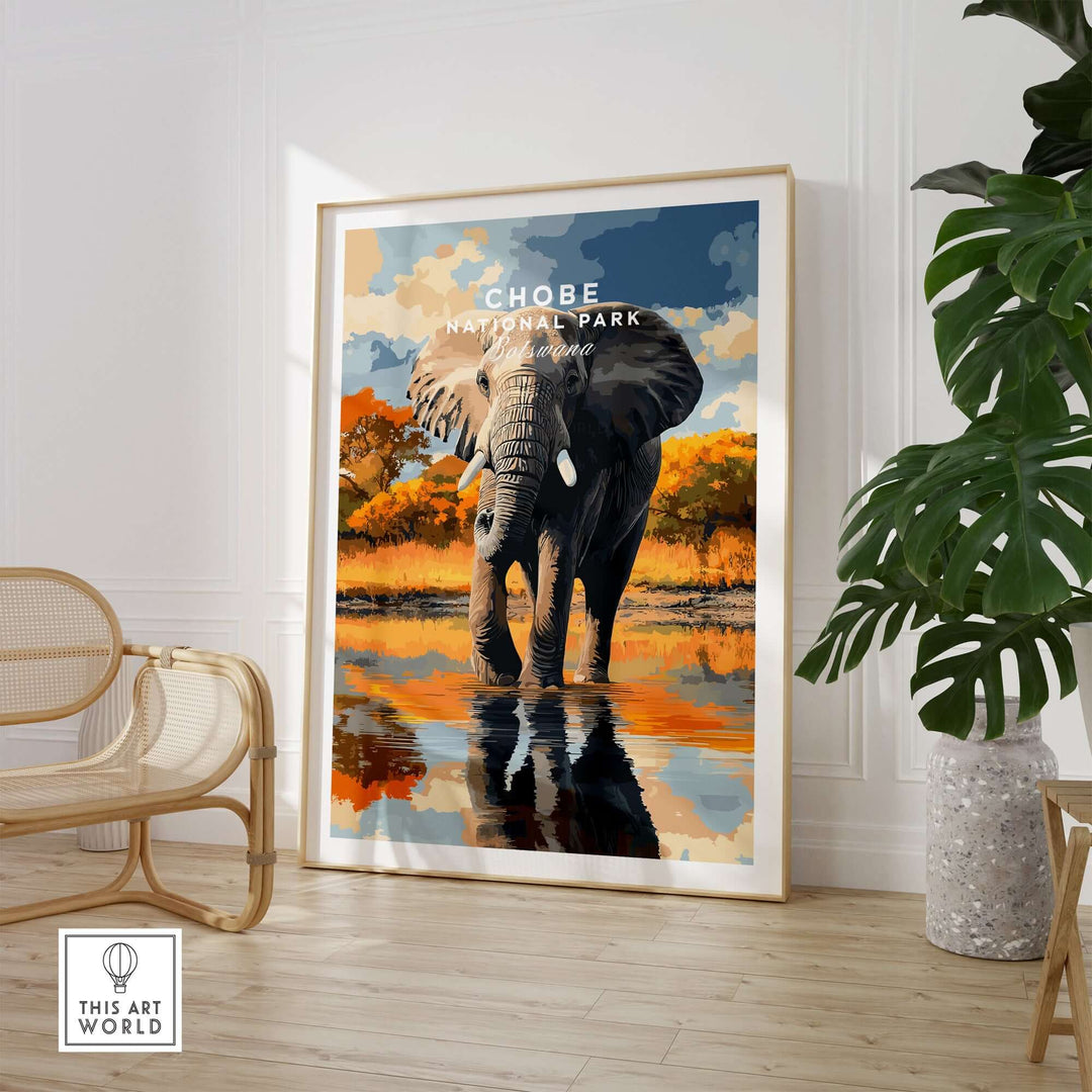 Chobe National Park elephant poster in stylish home setting, vibrant colors and detailed artwork representing Botswana wildlife.