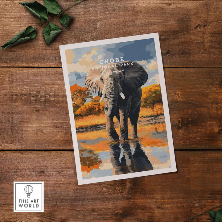 Chobe National Park elephant poster depicting an elephant by the water, showcasing Botswana wildlife wall art.