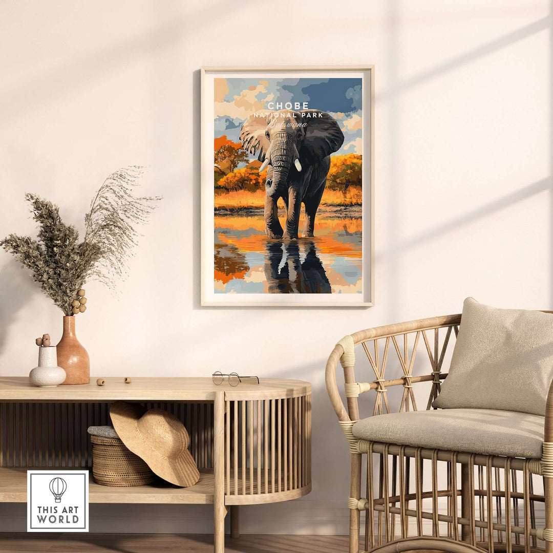 Chobe National Park elephant wall art poster in a stylish living room setting, showcasing Botswana wildlife.