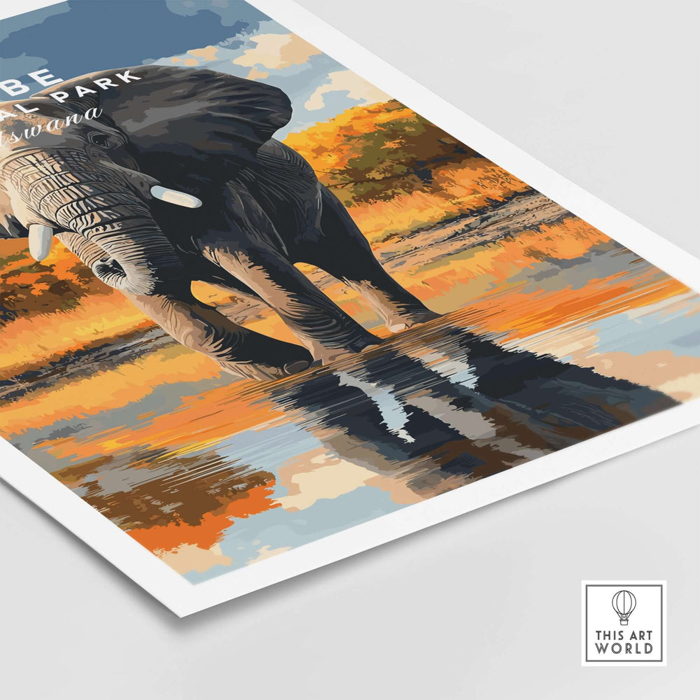 Chobe National Park Elephant Poster featuring a beautiful elephant reflection in water, vibrant colors of Botswana wildlife art.