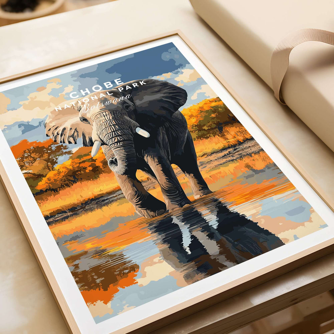 Chobe National Park elephant poster showcasing a majestic elephant by the water, perfect for Botswana wildlife art lovers.