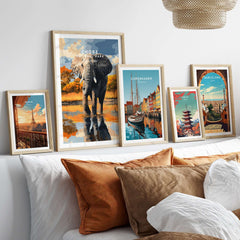 Chobe National Park Elephant Poster - Botswana Wildlife Wall Art Print displayed with other travel-themed posters.