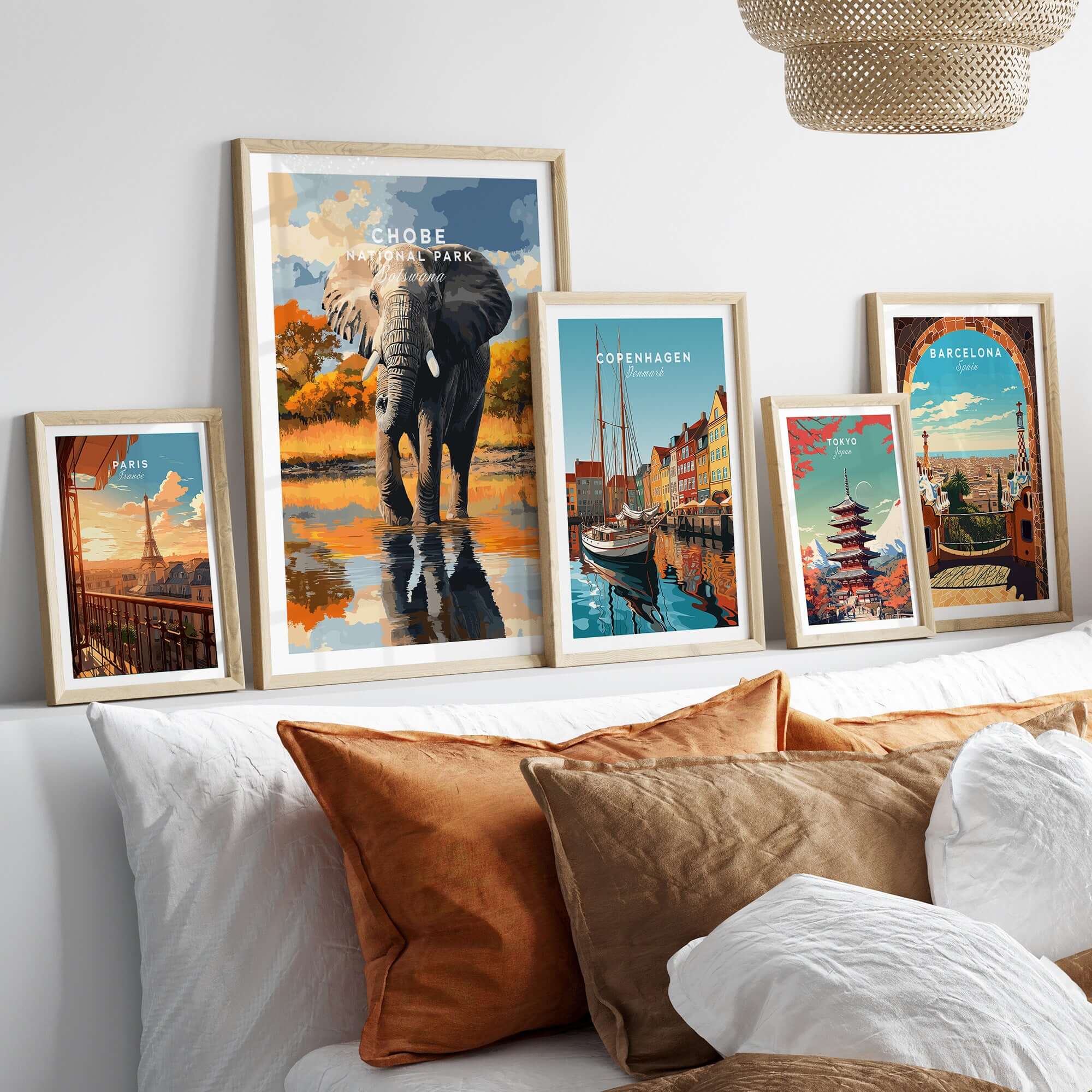 Chobe National Park Elephant Poster - Botswana Wildlife Wall Art Print displayed with other travel-themed posters.