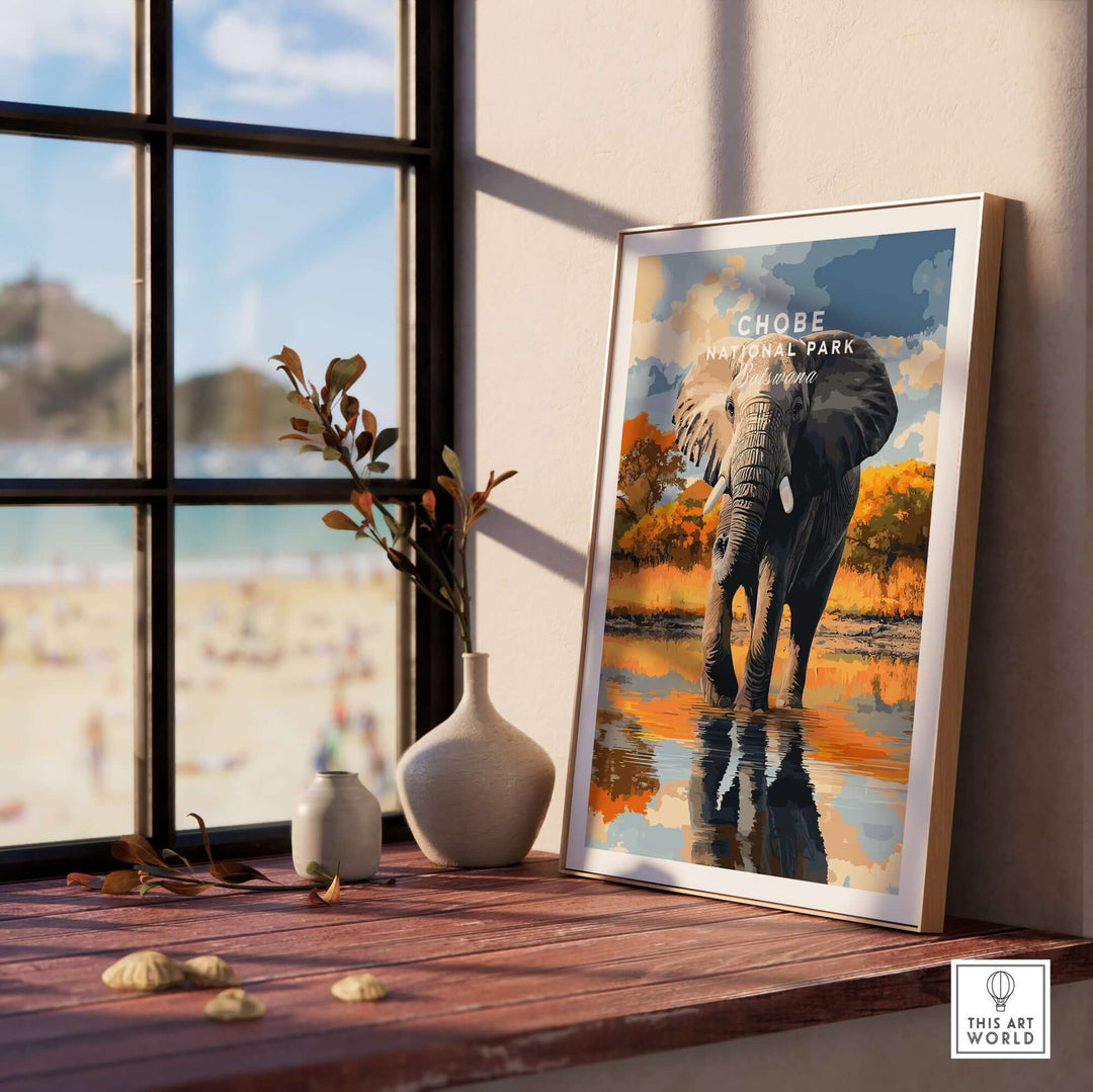 Chobe National Park elephant wall art poster framed, showcasing African wildlife in a stylish interior setting.