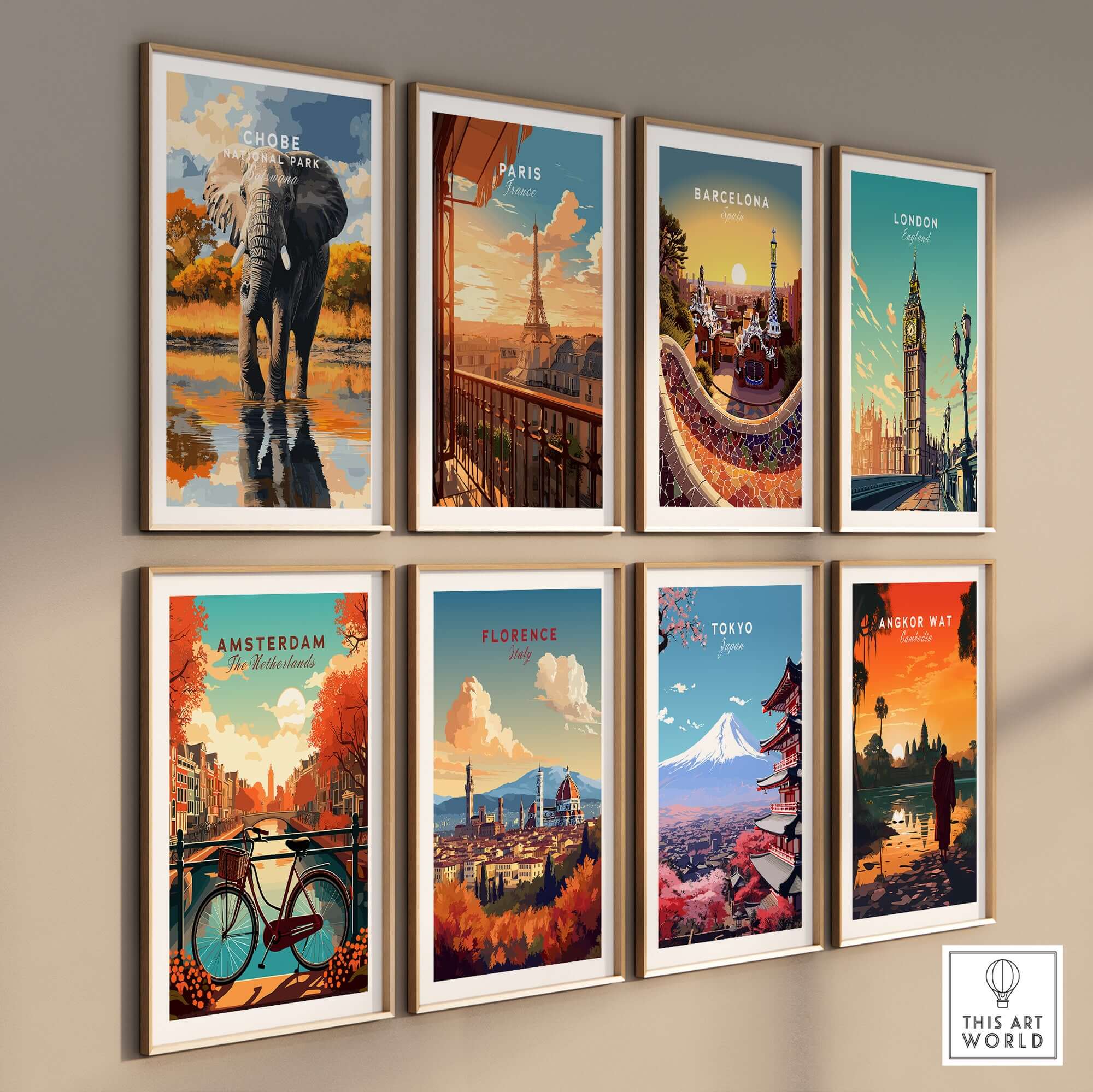 Chobe National Park Elephant Poster - Botswana Wildlife Wall Art Print displayed among international travel posters.