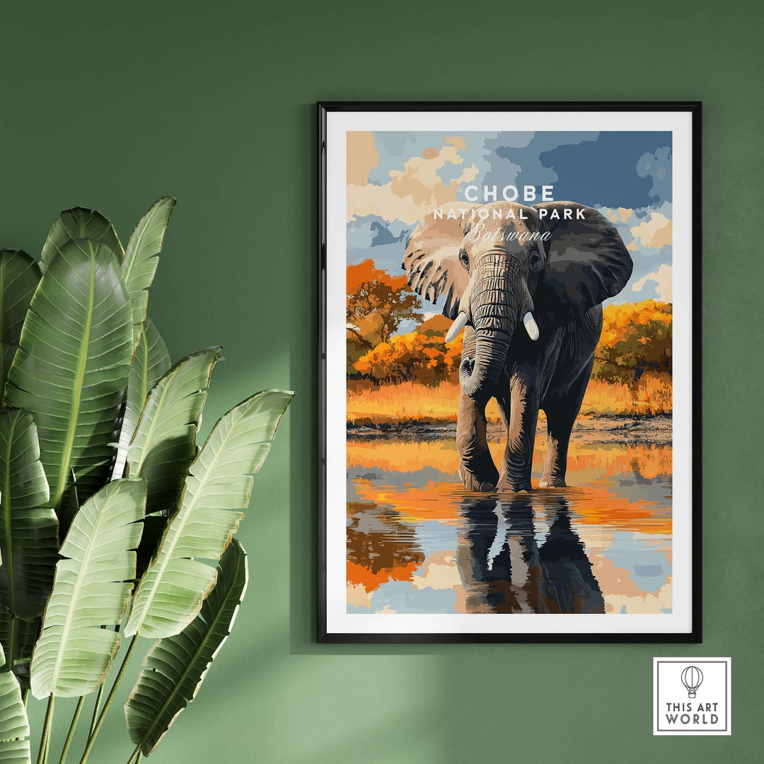 Chobe National Park elephant poster showcasing African wildlife art, framed and displayed with lush greenery.