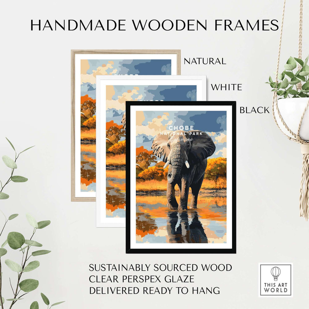 Three handmade wooden frames in natural, white, and black showcasing Chobe National Park elephant print.