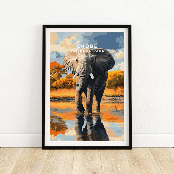 Chobe National Park elephant poster wall art print showcasing an elephant in a vibrant African landscape.