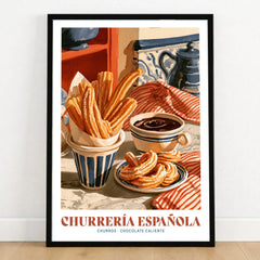 Spanish Churreria Kitchen Wall Art - art print in black frame on wooden floor