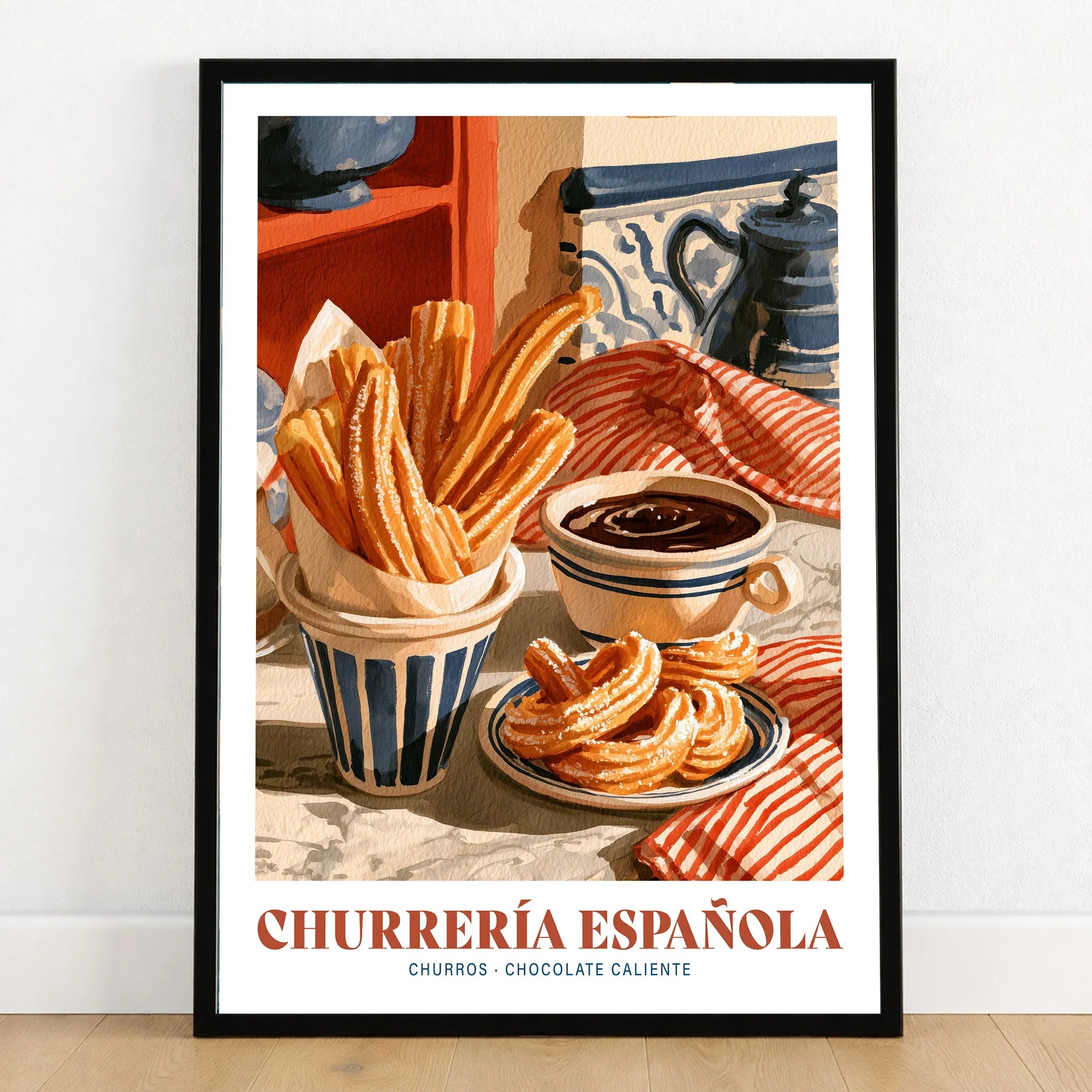 Spanish Churreria Kitchen Wall Art - art print in black frame on wooden floor