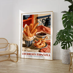 Spanish Churreria Kitchen Wall Art - large framed print room setting chair plant