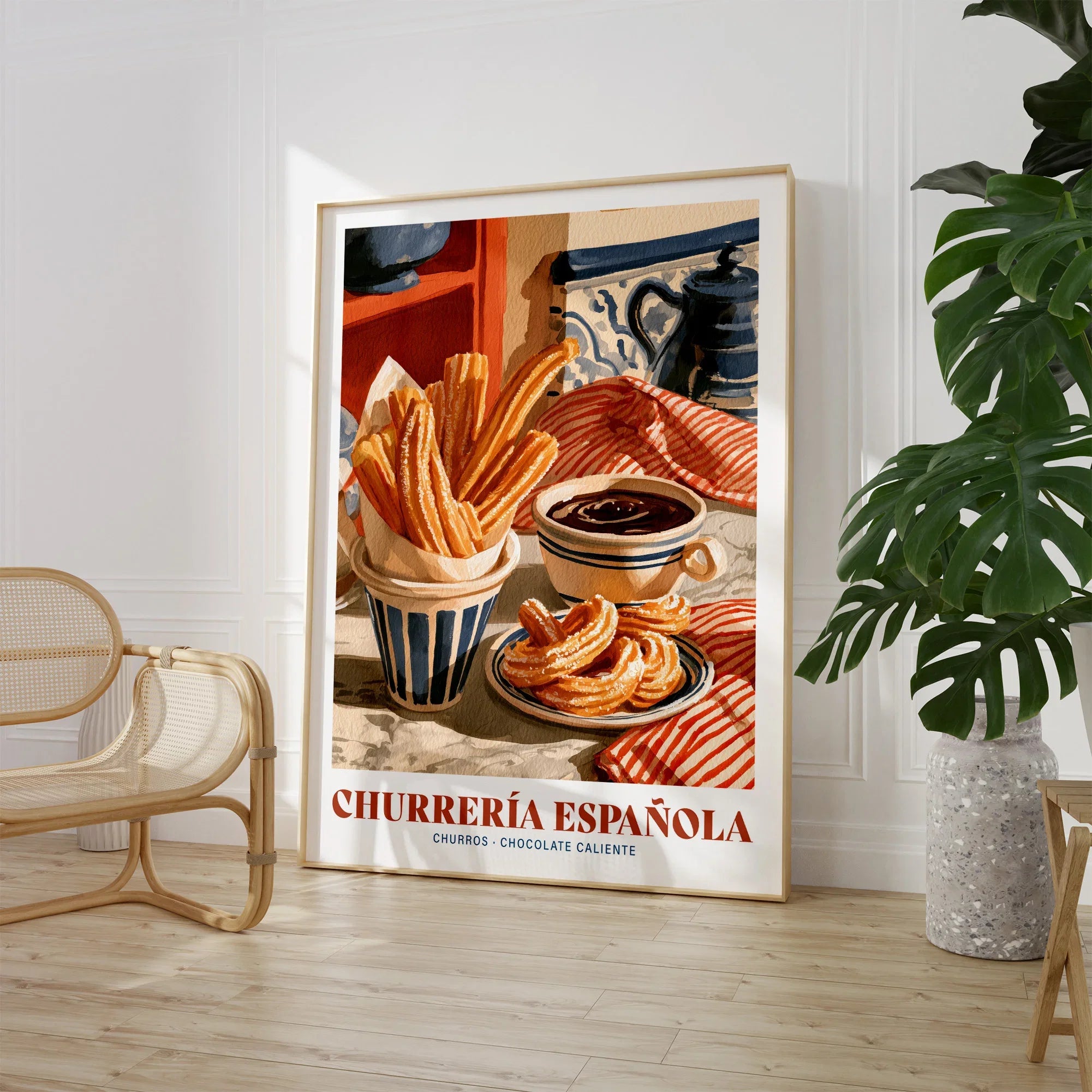Spanish Churreria Kitchen Wall Art - large framed print room setting chair plant