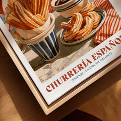 Spanish Churreria Kitchen Wall Art - closeup framed canvas natural wood floating frame