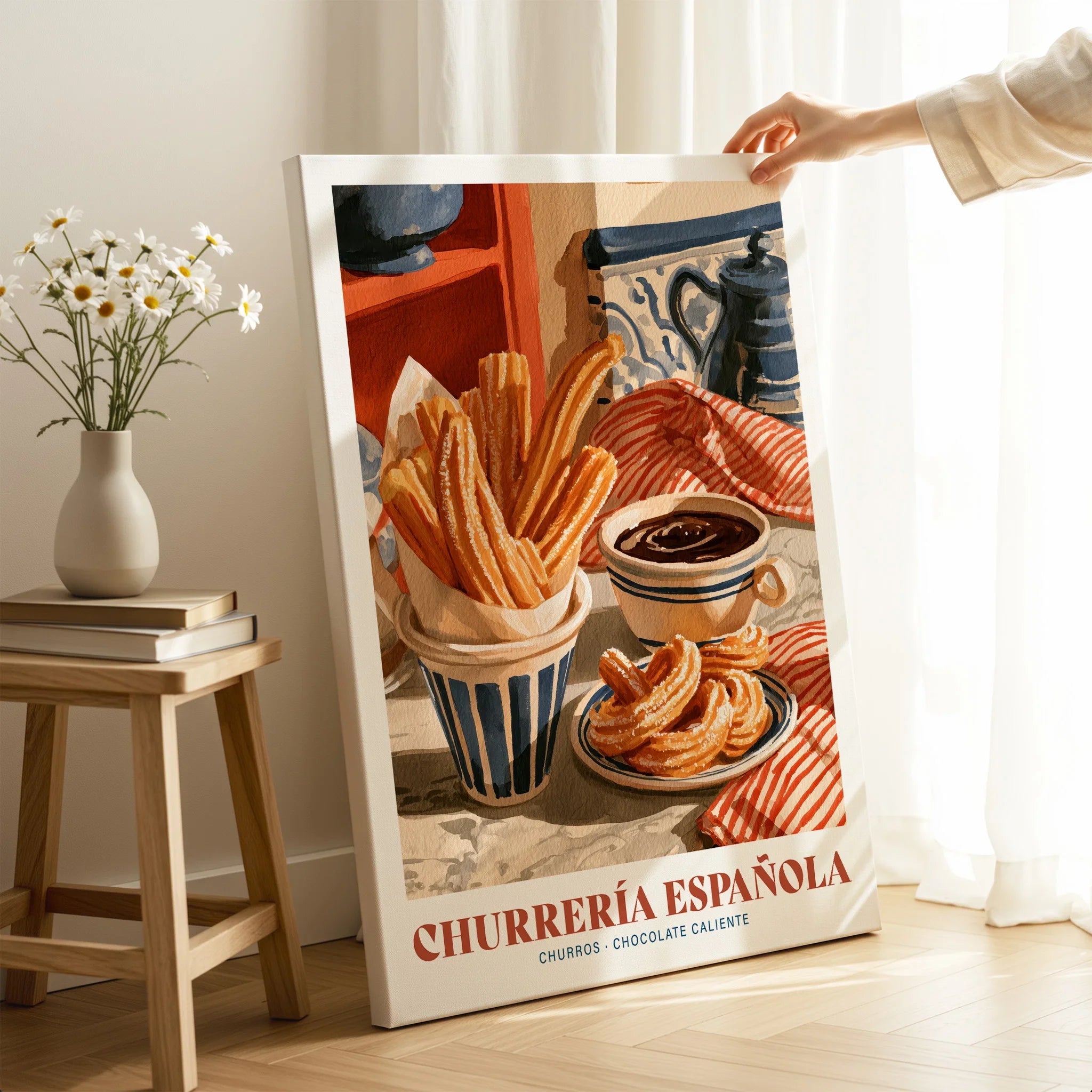 Spanish Churreria Kitchen Wall Art - canvas print mirror edge hand holding room setting