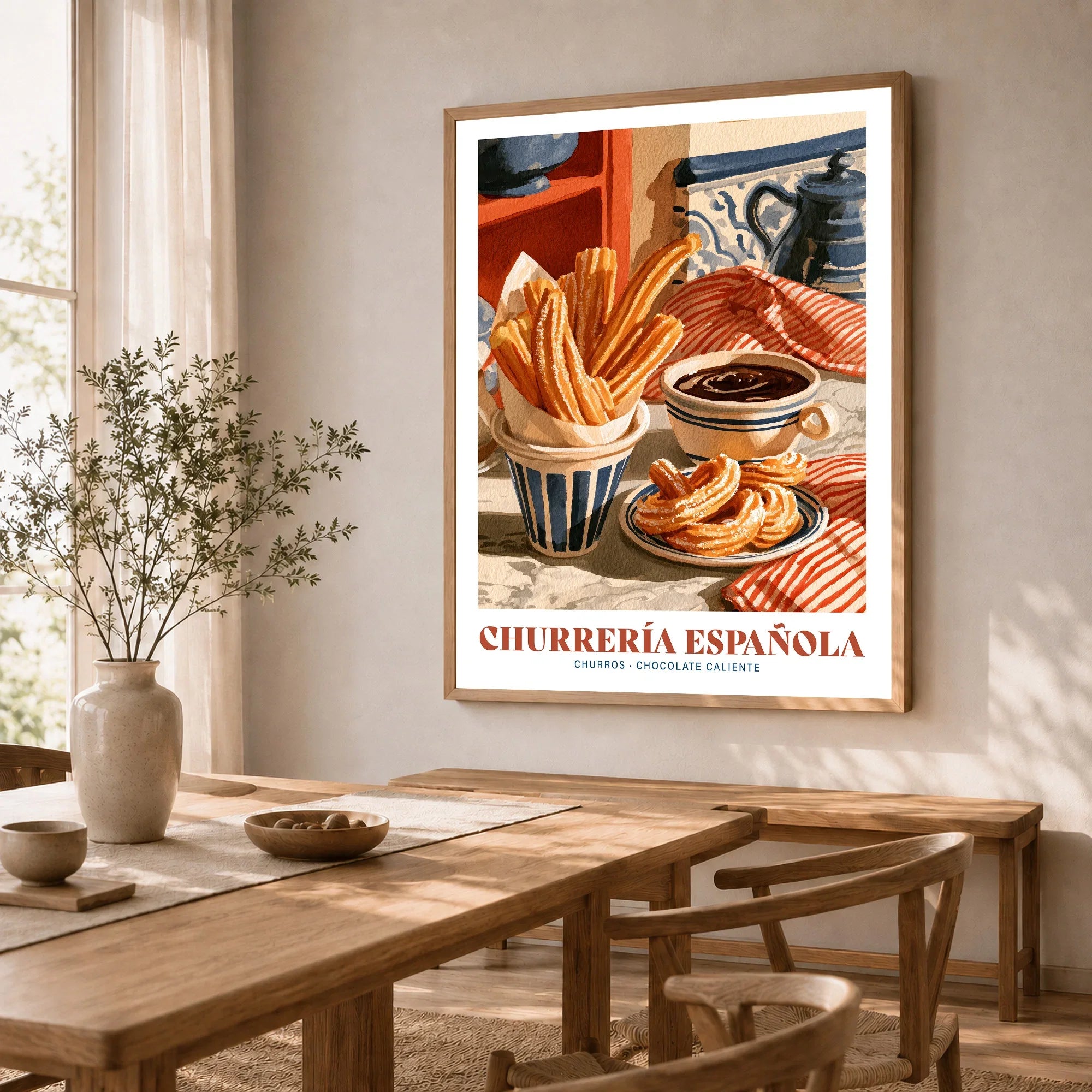 Spanish Churreria Kitchen Wall Art - dining room framed print natural wood frame mockup ThisArtWorld