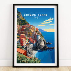 Cinque Terre Travel Poster showcasing colorful coastal village in Italy with blue skies and sea.