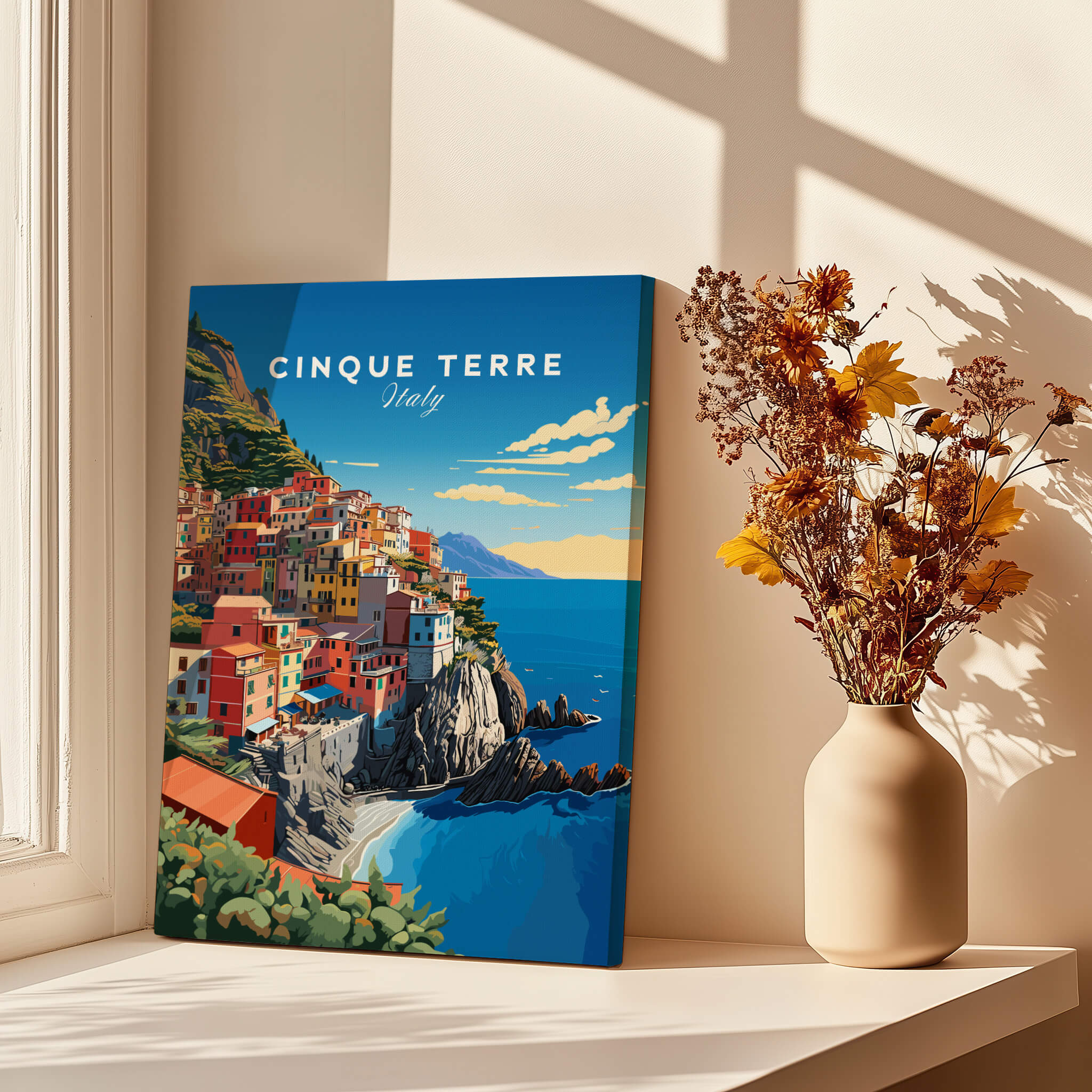 Cinque Terre Travel Poster featuring colorful coastal village in Italy with ocean view and natural light decor.