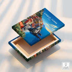 Cinque Terre Travel Poster decorative box showcasing the coastal landscape of Italy's Cinque Terre.
