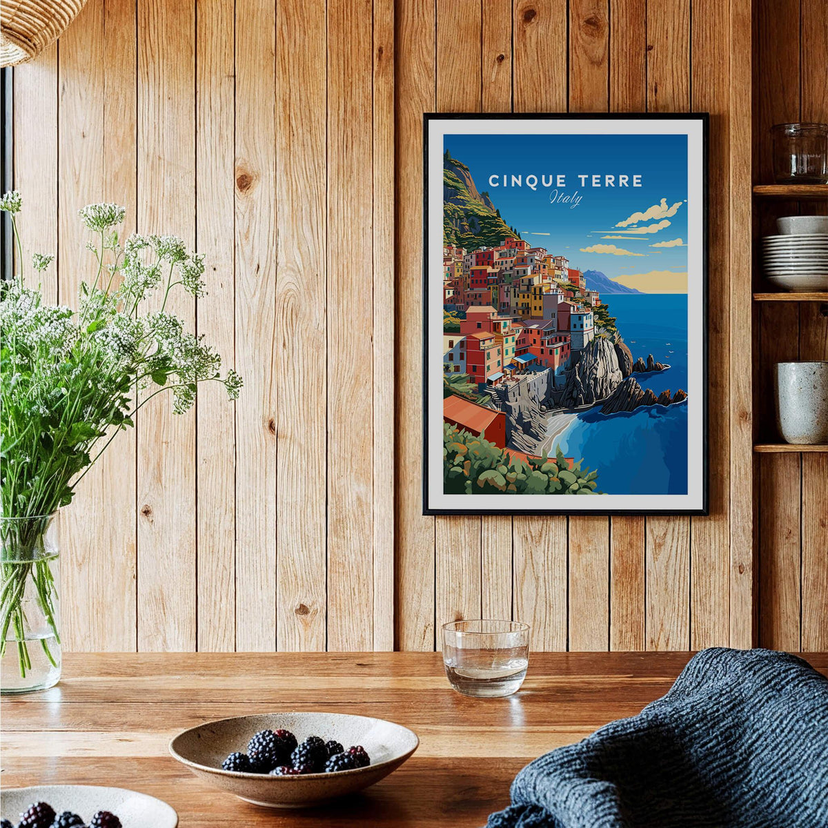 Cinque Terre Travel Poster showcasing the stunning coastal beauty of Italy's Cinque Terre, perfect for home decor.