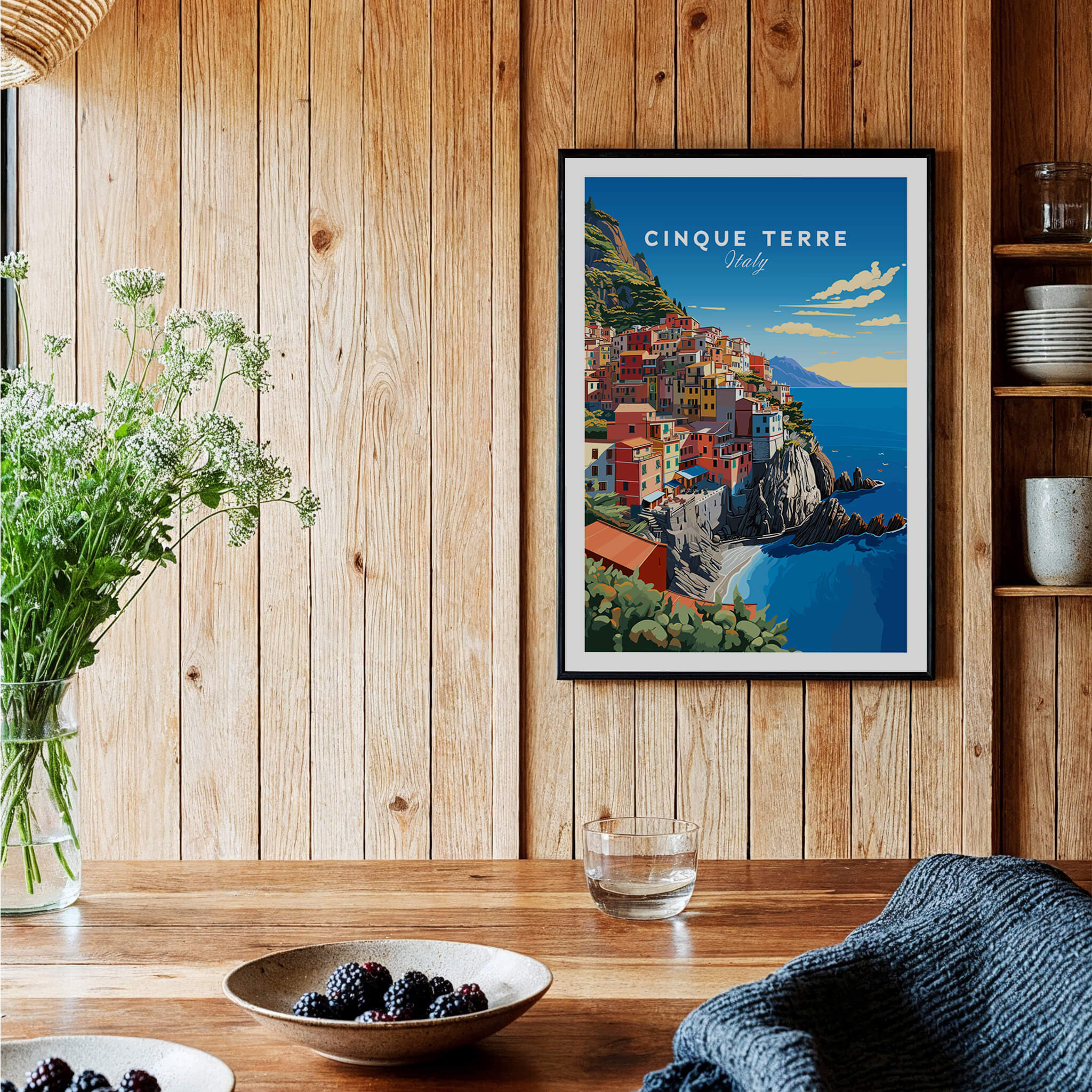 Cinque Terre Travel Poster showcasing the stunning coastal beauty of Italy's Cinque Terre, perfect for home decor.