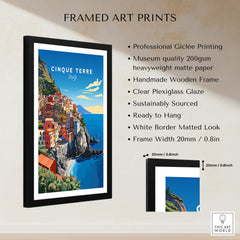 Cinque Terre Travel Poster featuring framed art with colorful coastal village and clear plexiglass glaze.