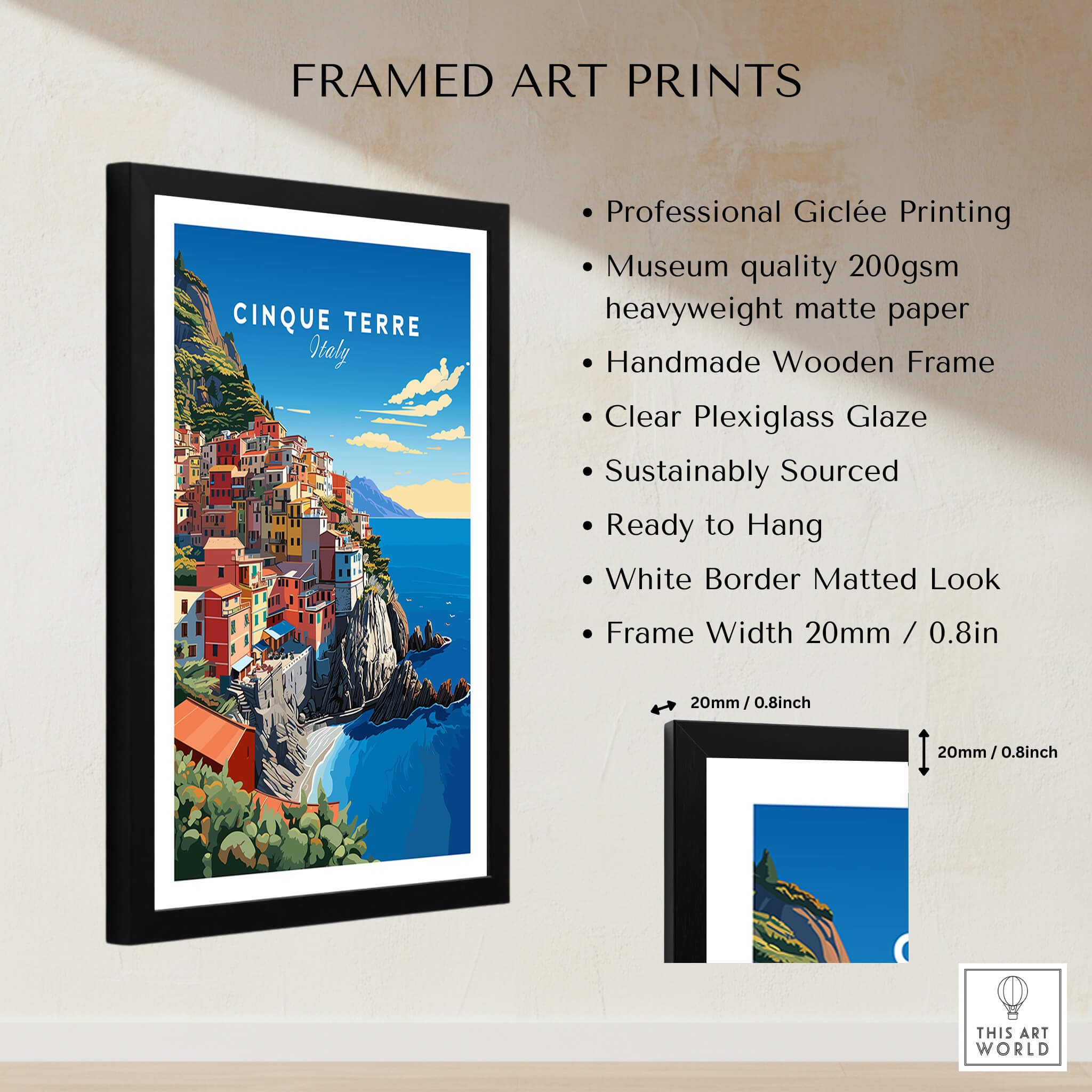 Cinque Terre Travel Poster featuring framed art with colorful coastal village and clear plexiglass glaze.