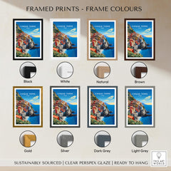 Cinque Terre Travel Poster displayed in various frame colors: black, white, natural, brown, gold, silver, dark grey, light grey.