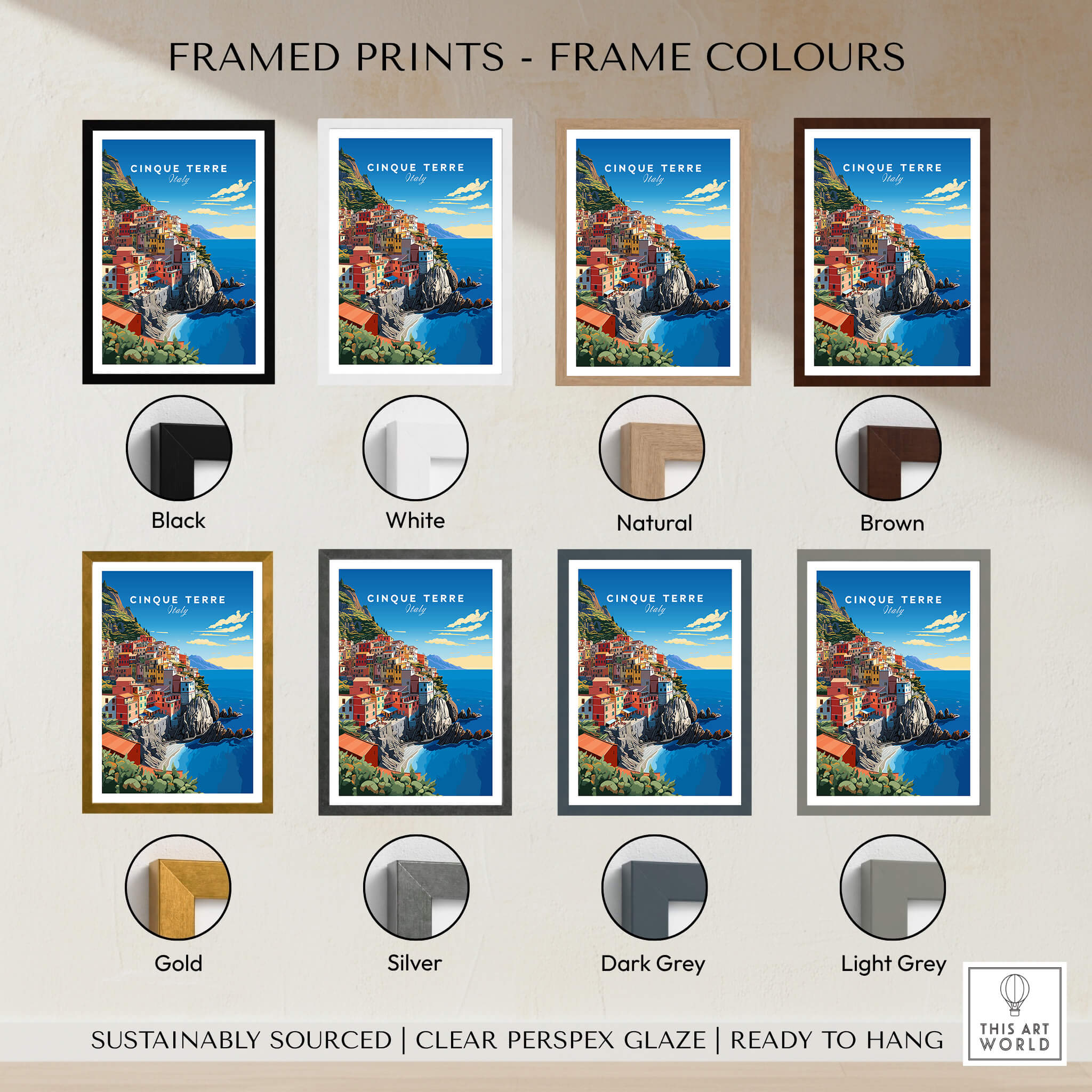 Cinque Terre Travel Poster displayed in various frame colors: black, white, natural, brown, gold, silver, dark grey, light grey.