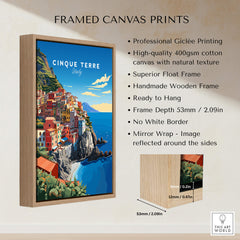 Cinque Terre Travel Poster framed canvas print showcasing Italy's stunning coastal beauty and vibrant colors.