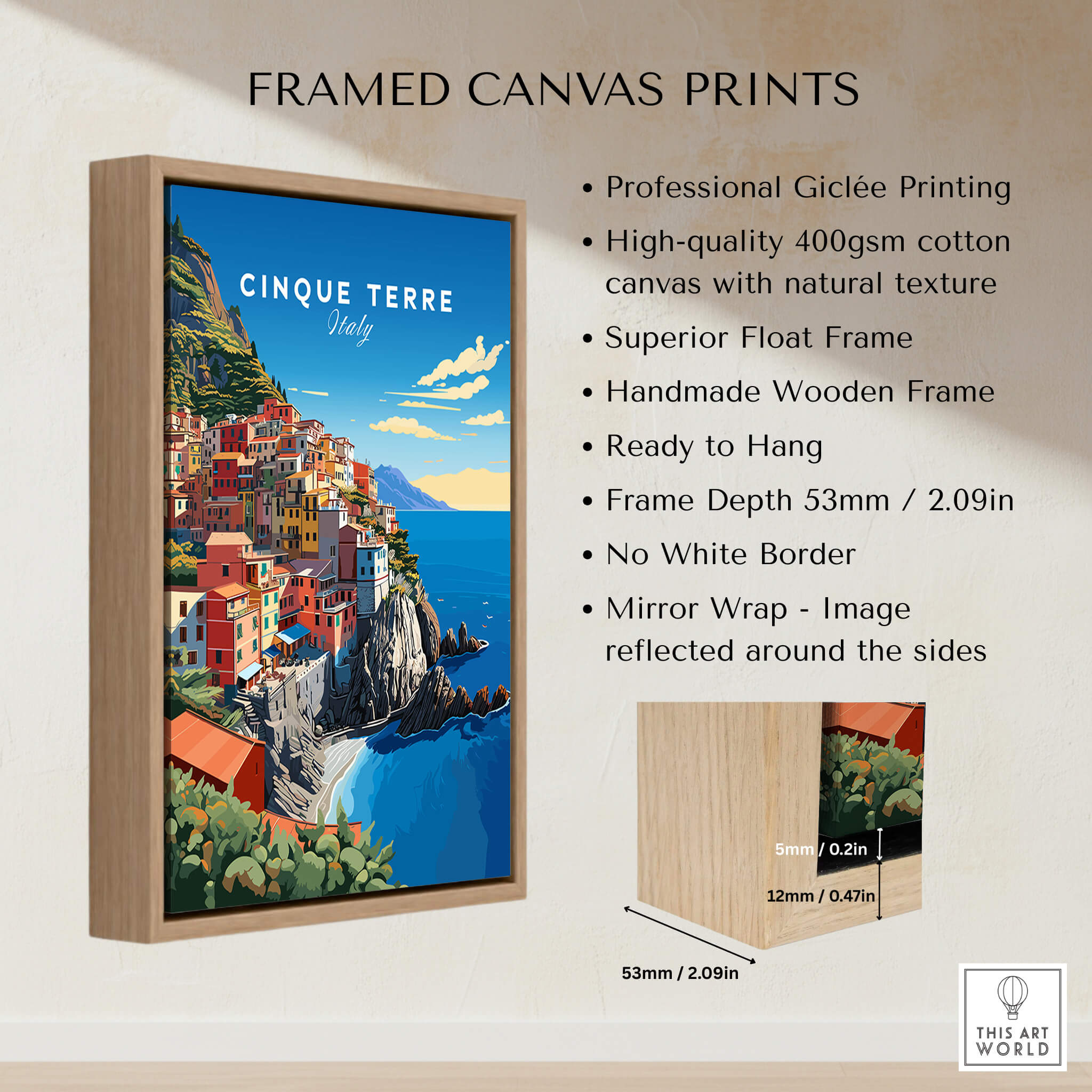 Cinque Terre Travel Poster framed canvas print showcasing Italy's stunning coastal beauty and vibrant colors.
