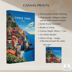 Cinque Terre Travel Poster featuring vibrant coastal landscape and colorful buildings, ideal for home decor.