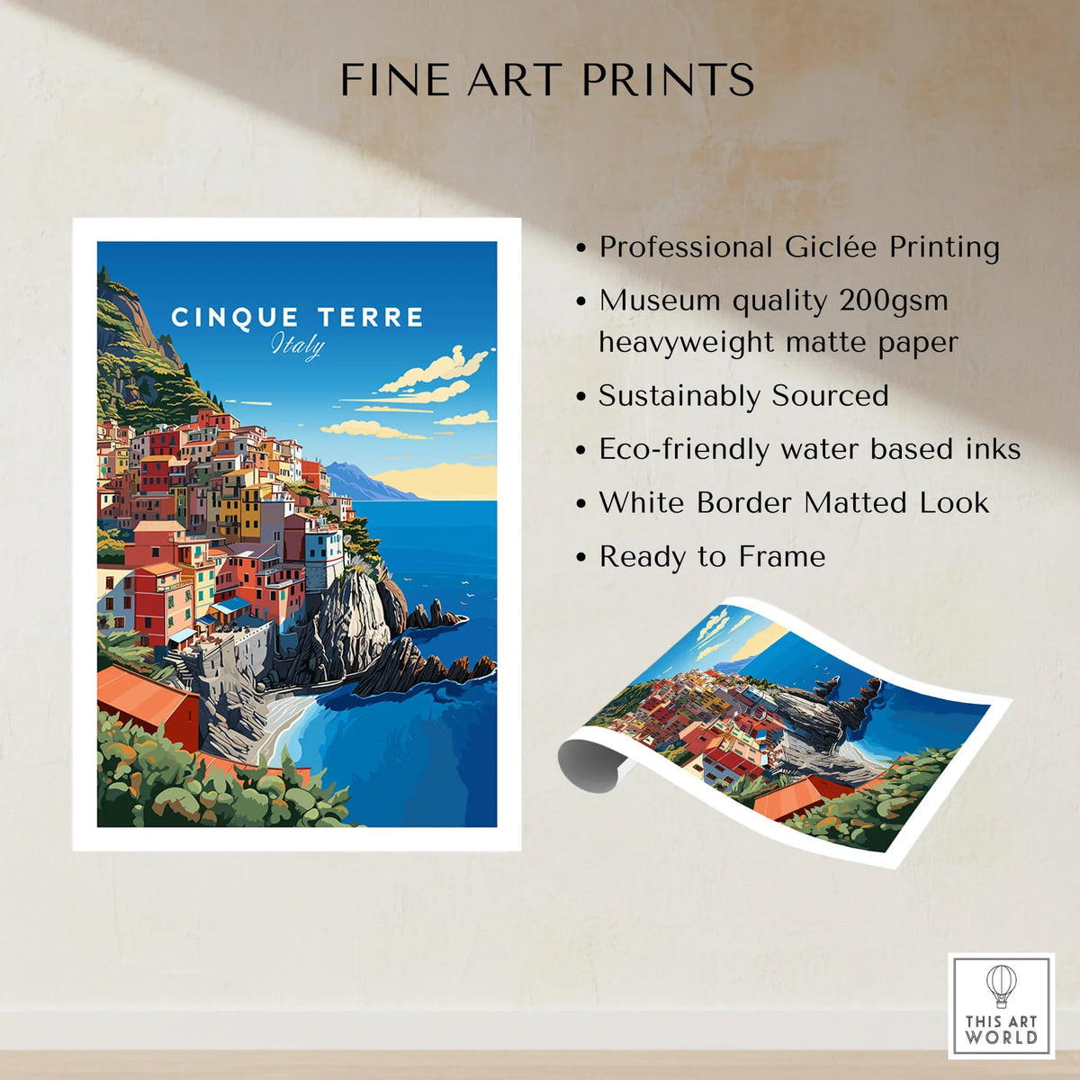 Cinque Terre Travel Poster featuring vibrant coastal village art with professional Giclée printing and eco-friendly materials.