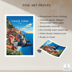 Cinque Terre Travel Poster featuring vibrant coastal village art with professional Giclée printing and eco-friendly materials.
