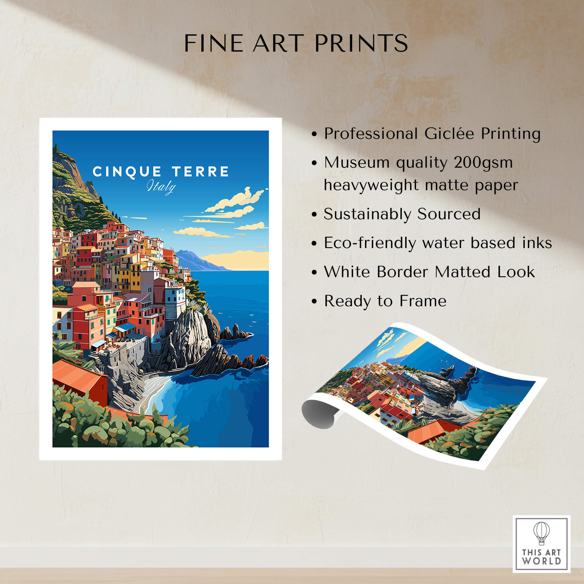 Cinque Terre Travel Poster featuring vibrant coastal village art with professional Giclée printing and eco-friendly materials.