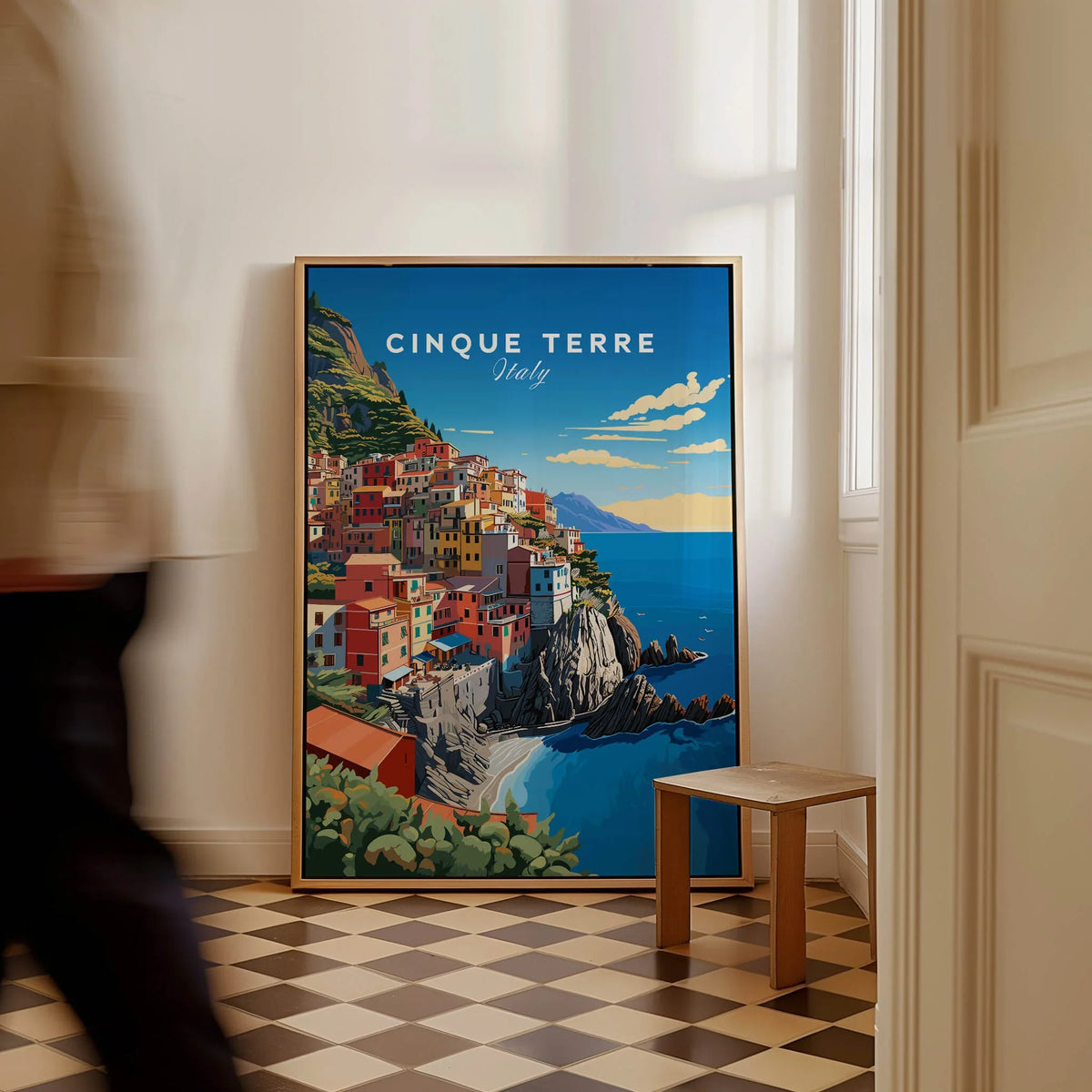 Cinque Terre Travel Poster showcasing colorful coastal village in Italy's Cinque Terre on a stylish interior wall.