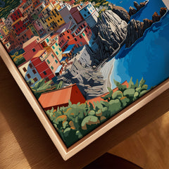 Cinque Terre Travel Poster showcasing colorful buildings and coastal landscape of the Italian Riviera.