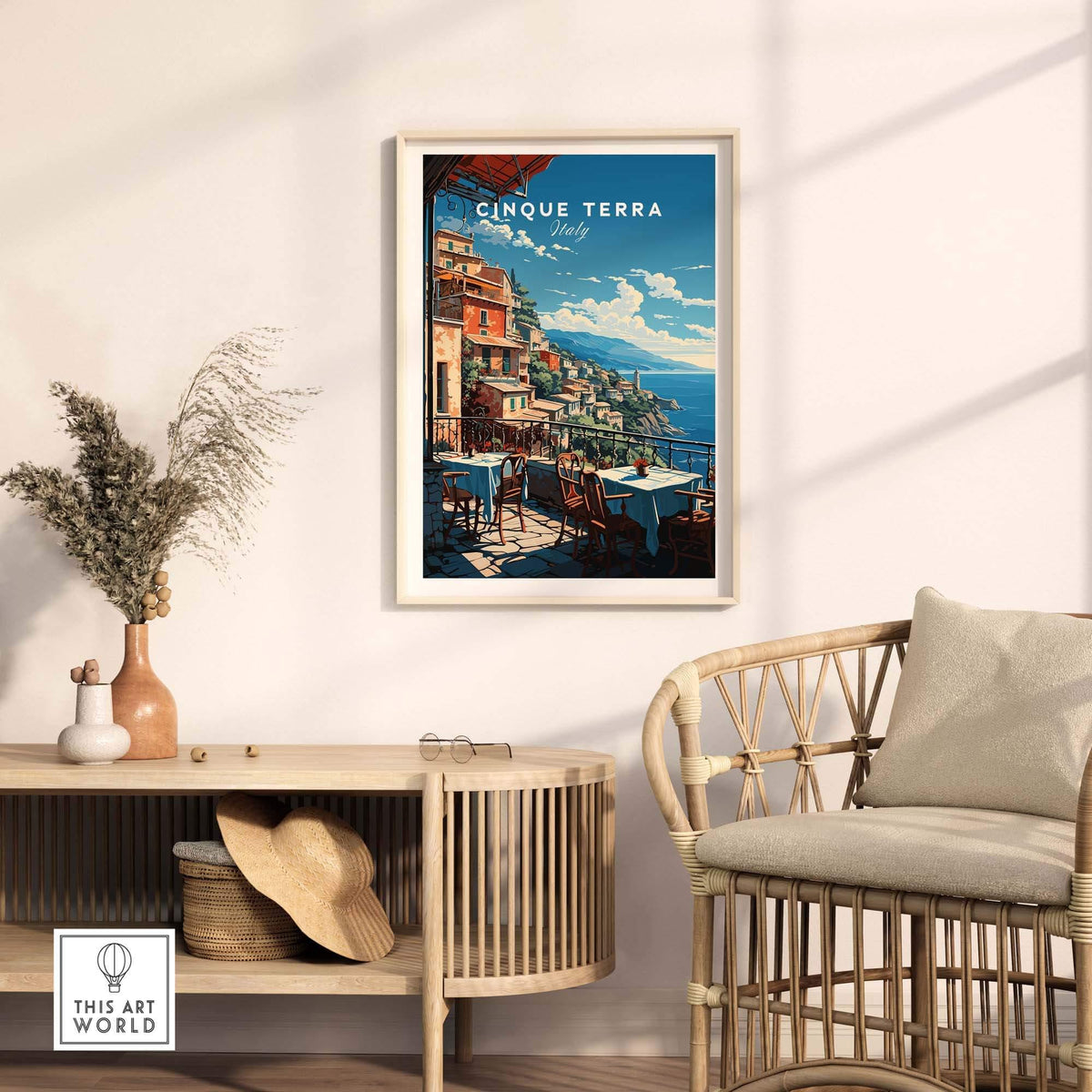 Cinque Terre Poster featuring vibrant Italian coastline scene in stylish interior setting.