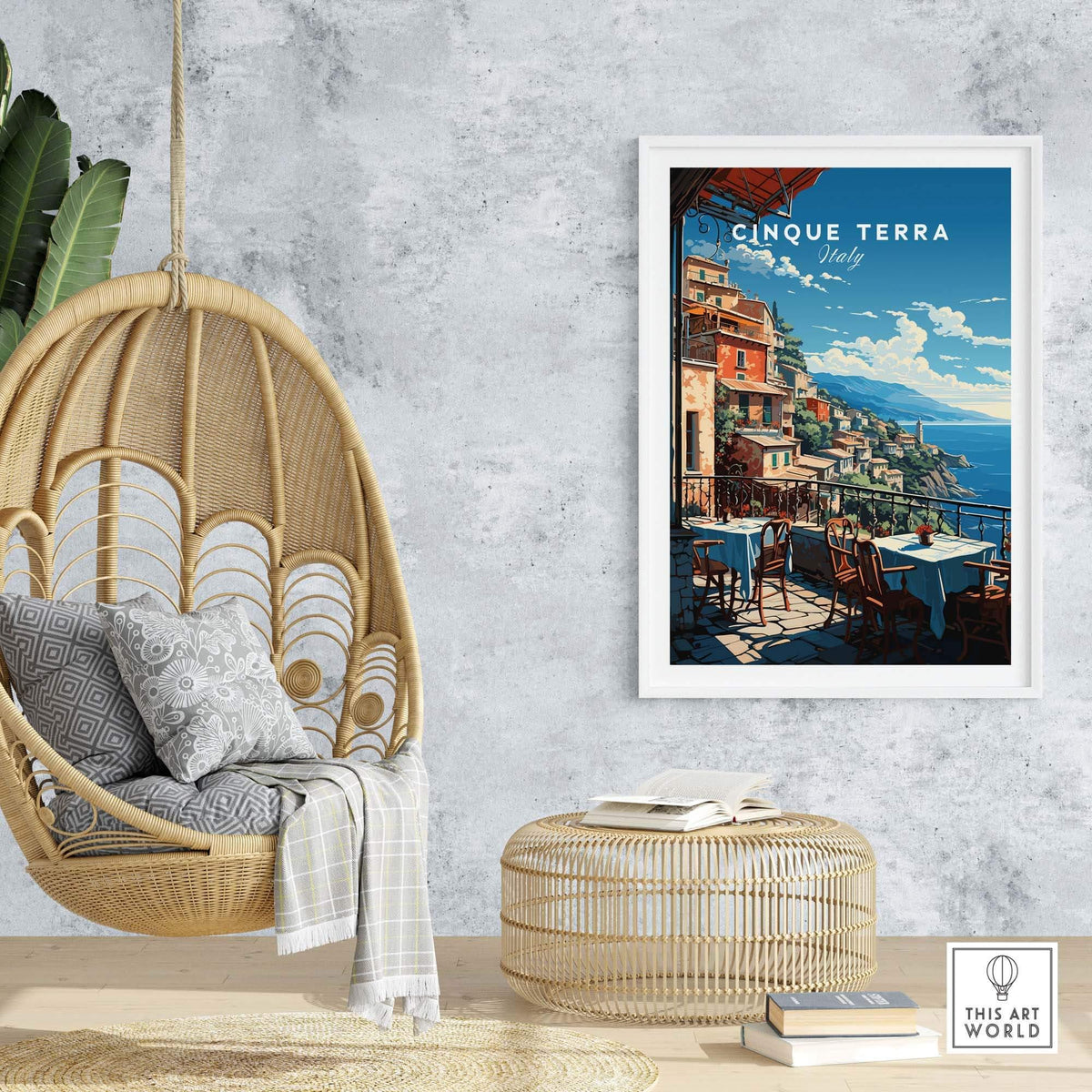 Cinque Terre Poster displayed in a stylish setting, showcasing the vibrant Italian coastline and charming café scene.