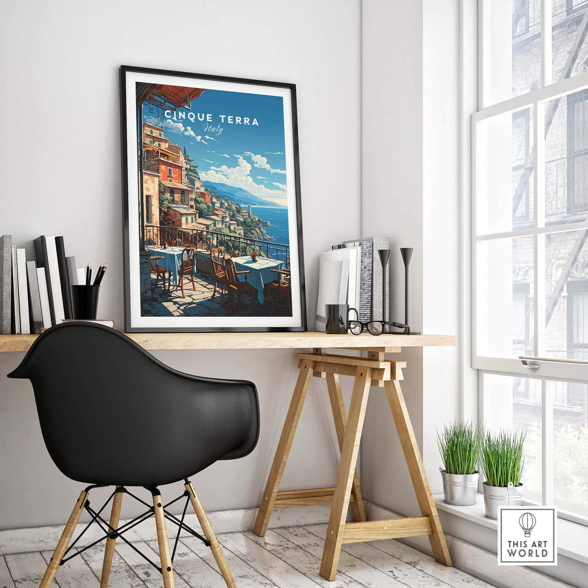 Cinque Terre Poster framed in a stylish room, perfect for adding charm to any home decor.