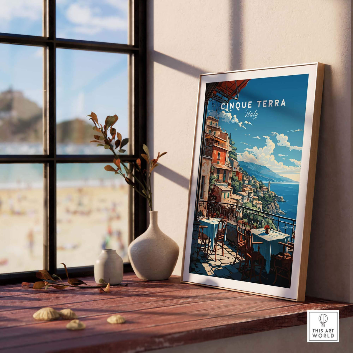 Cinque Terre Poster showcasing the stunning Italian Riviera with vibrant colors and charming coastal scenery.