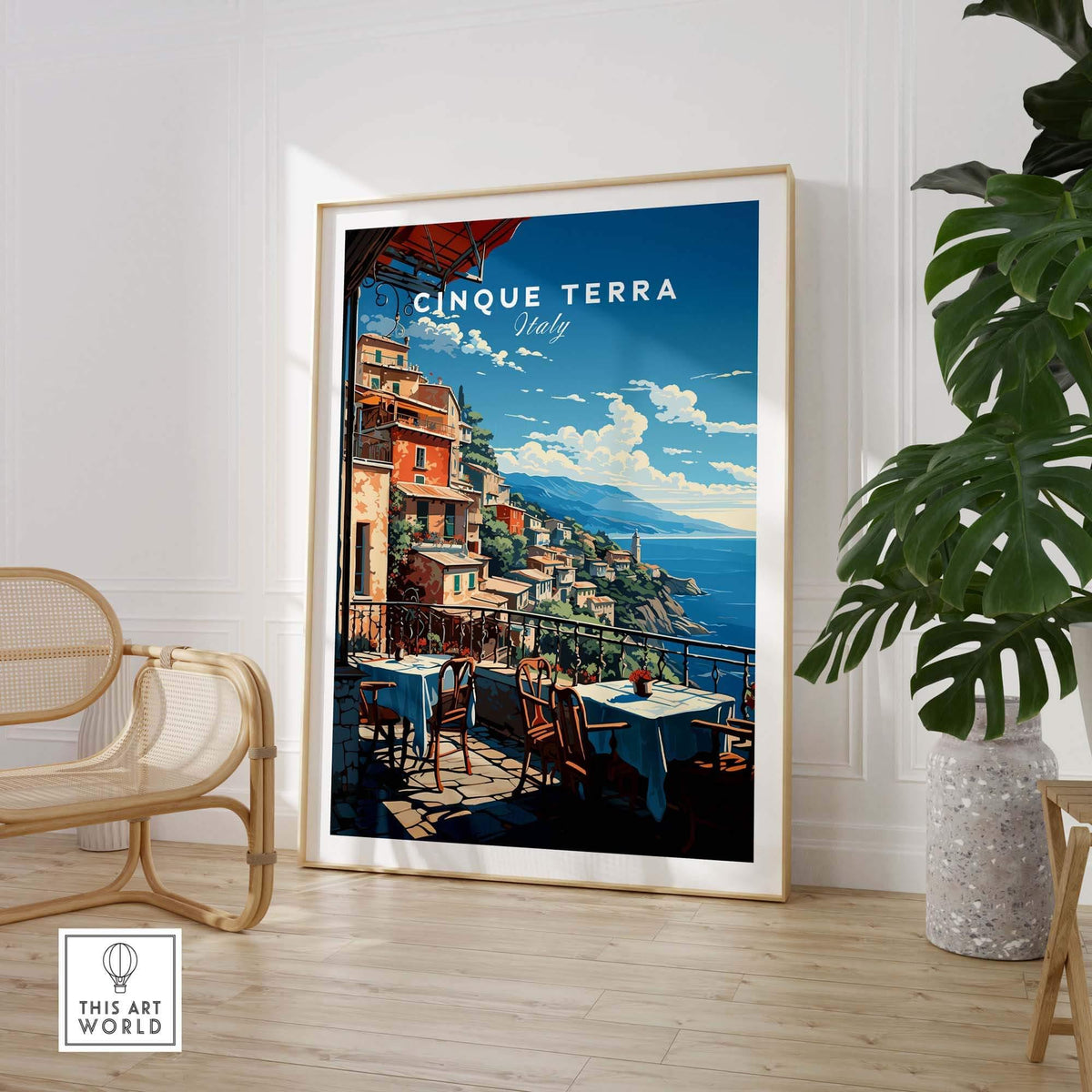 Cinque Terre Poster showcasing vibrant coastal scenery of Italy with outdoor dining and stunning views.