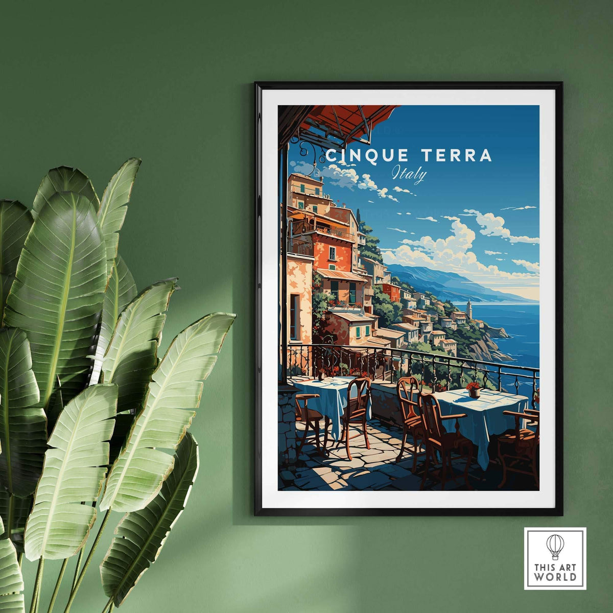 Cinque Terre Poster featuring a scenic view of Italy's coastline and vibrant colors, perfect for decor.