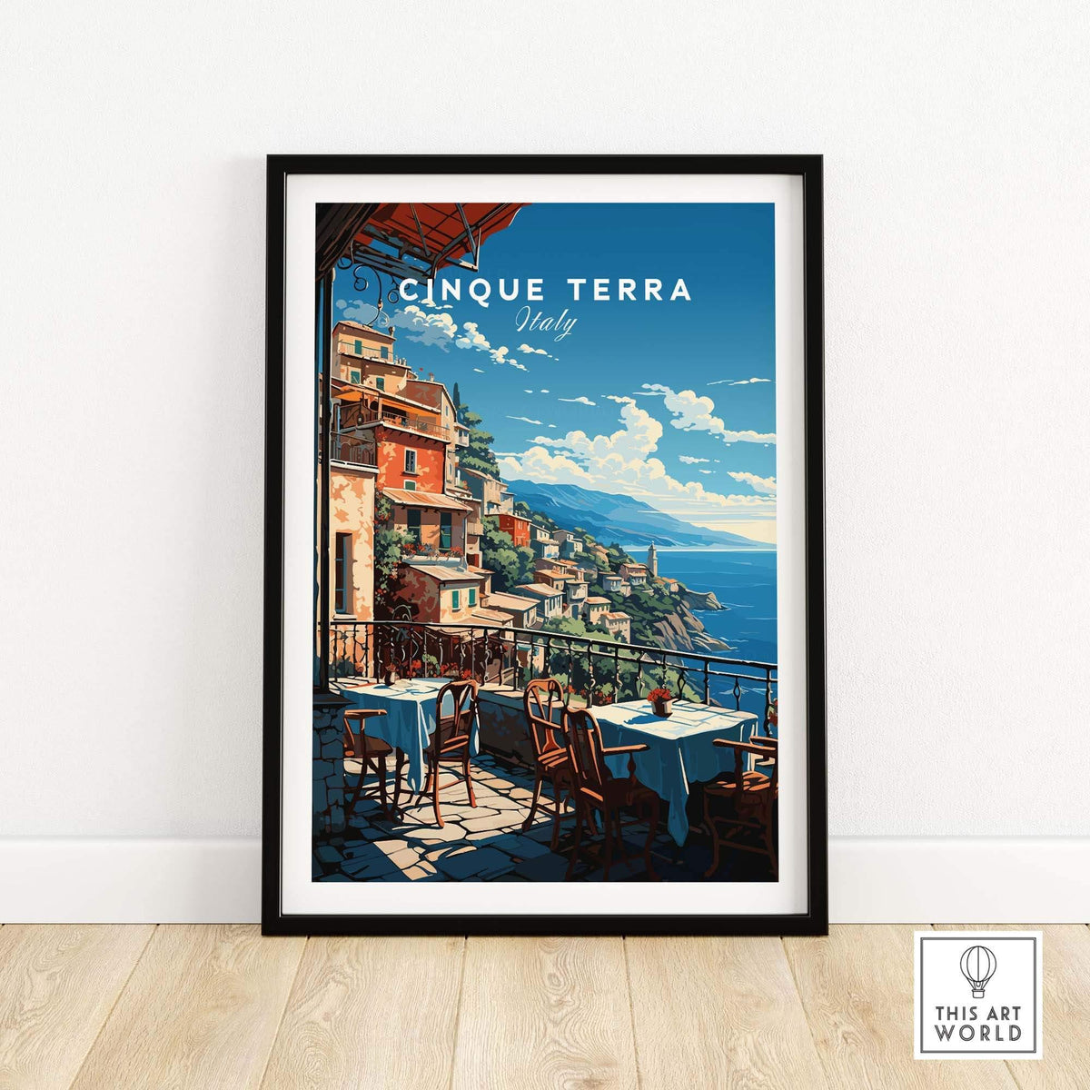 Cinque Terre Poster featuring a vibrant coastal scene of Italy with outdoor dining and colorful buildings.