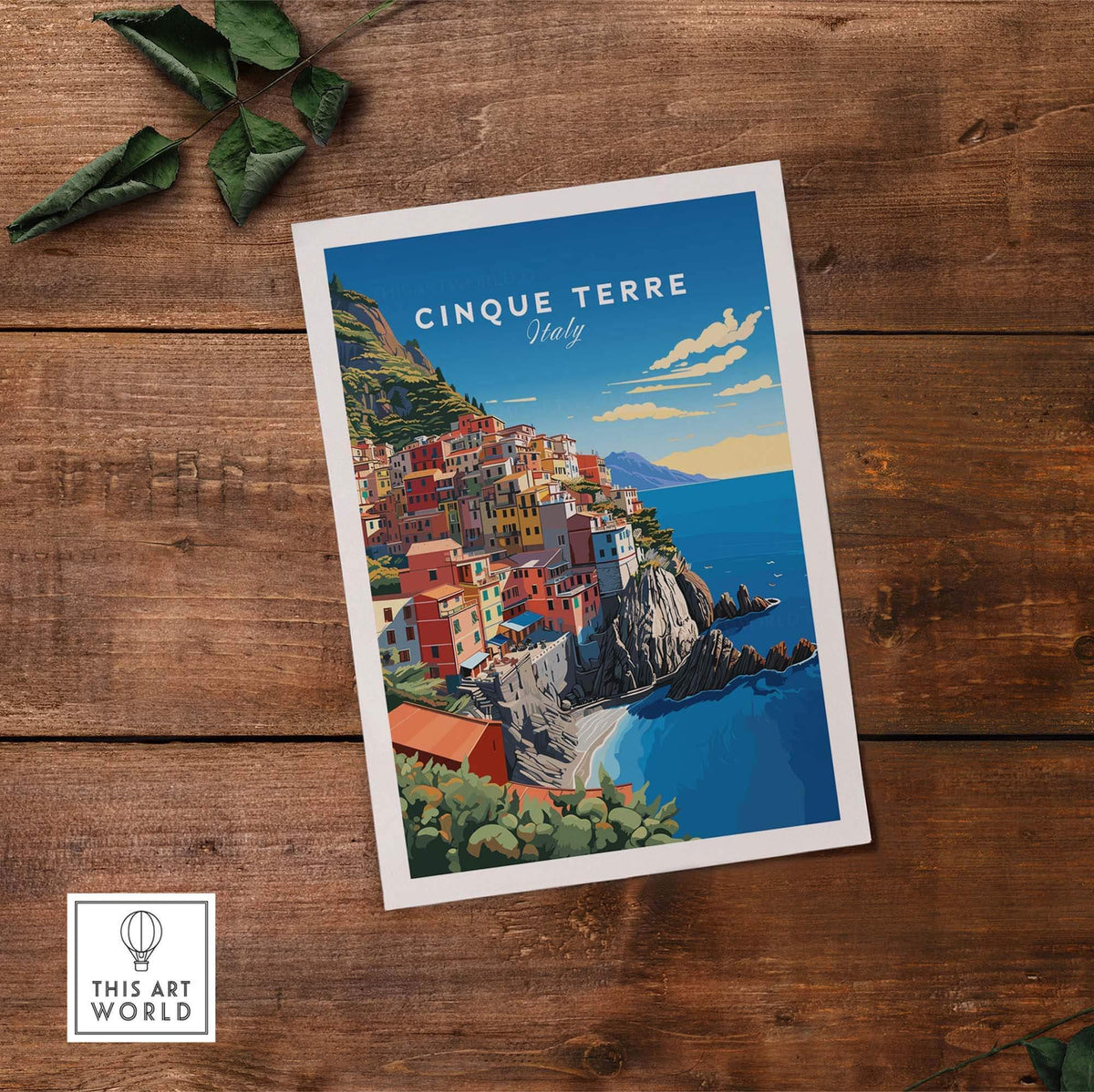 Cinque Terre Travel Poster featuring colorful coastal village and scenic sea view, perfect for home decor.