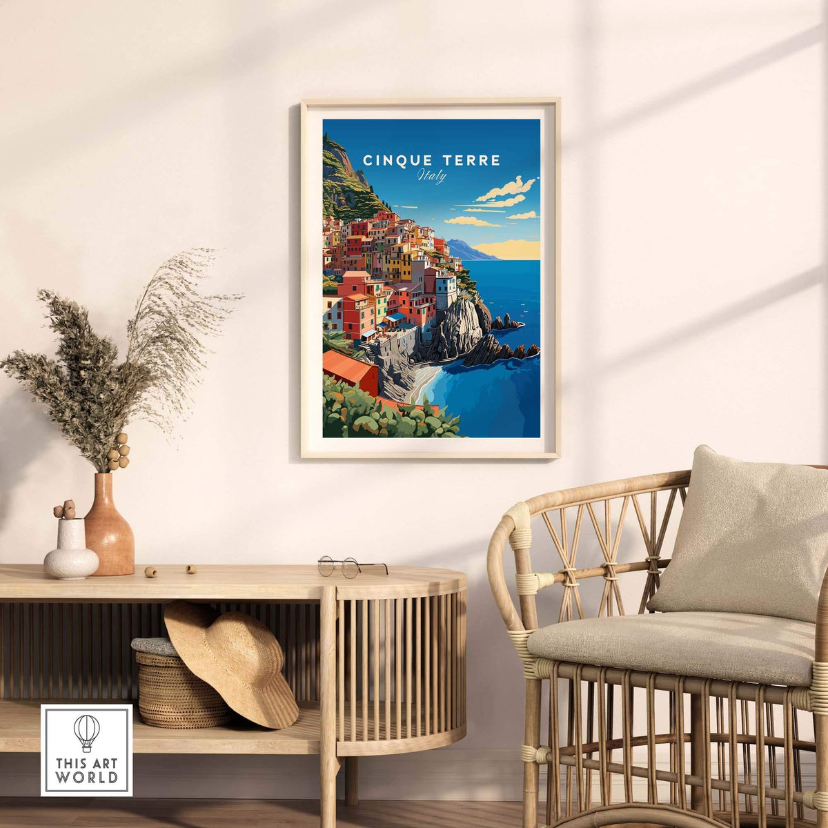 Cinque Terre Travel Poster showcasing colorful coastal village in Italy, perfect for home decor.